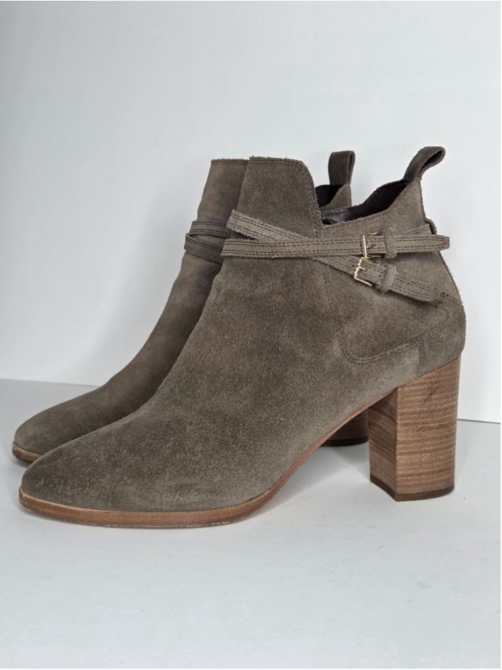 Cole Haan Suede Boots Linnie Women's 10.5 Gray Heeled Booties Buckle Ankle Strap